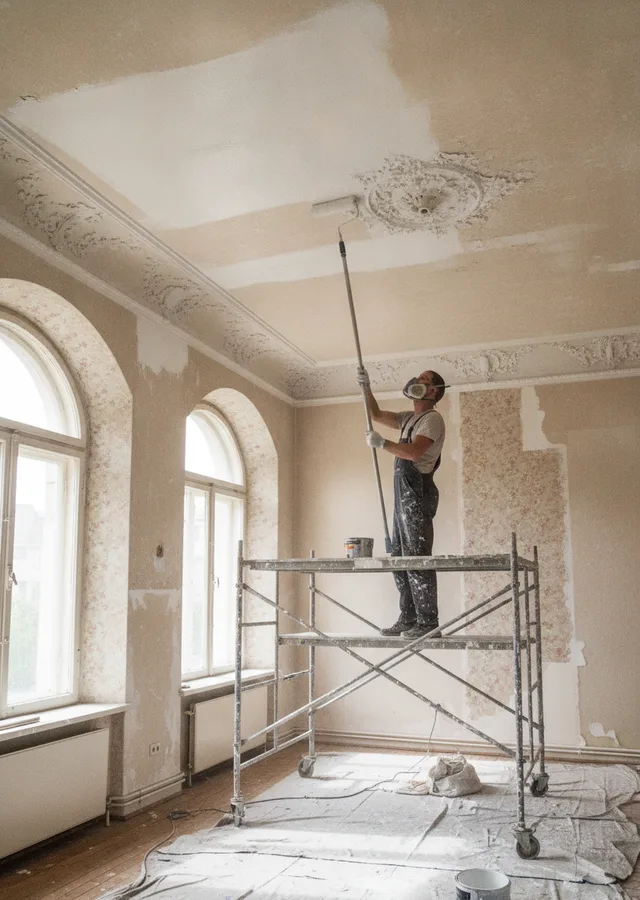 Peintre en bâtiment sur échafaudage dans le Rhône
